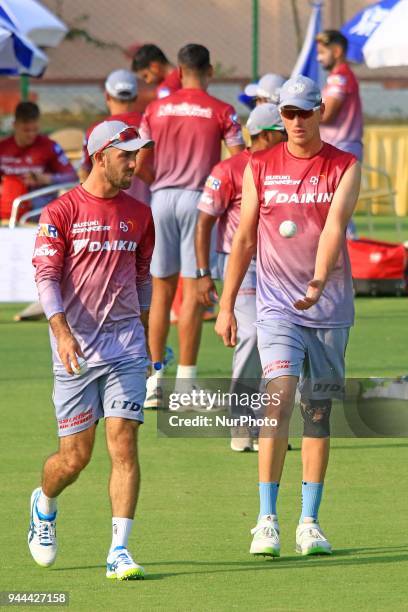 Delhi Daredevils team players Glenn Maxwell and Chris Morris during the practice session ahead the Indian Premier League IPL-2018 T20 cricket match...