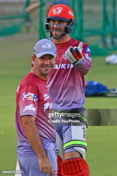 Delhi Daredevils team player Glenn Maxwell with team coach Ricky Ponting during the practice session ahead the Indian Premier League IPL-2018 T20...