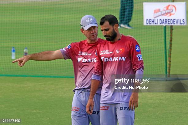 Delhi Daredevils team player Mohammad Shami with team coach Ricky Ponting during the practice session ahead the Indian Premier League IPL-2018 T20...