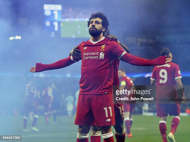 Mohamed Salah of Liverpool celebrates after scoring the opening Liverpool goal during the UEFA Champions League Quarter Final Second Leg match...