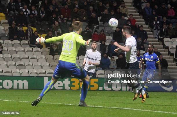 Preston North End's Sean Maguire scores his sides second goal beating Leeds United's Bailey Peacock-Farrell during the Sky Bet Championship match...