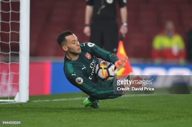 Dejan Iliev of Arsenal saves a penalty during the shoot out during the match between Arsenal U23 and Villarreal U23 at Emirates Stadium on April 10,...