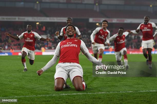 Zech Medley celebrates scoring Arsenal's winning penalty in the shoot out at the end of the match between Arsenal U23 and Villarreal U23 at Emirates...
