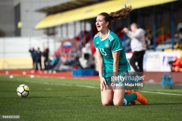 Sara Daebritz of Germany reacts during the Slovenia Women's and Germany Women's 2019 FIFA Women's World Championship Qualifier match on April 10,...
