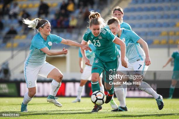 Lara Ivanusa Slovenia , Lena Petermann of Germany and Kristina Erman of Slovenia battle for the ball during the Slovenia Women's and Germany Women's...