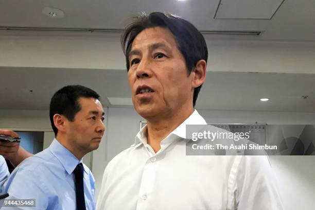 New Japan national team head coach Akira Nishino speaks to media reporters at the JFA House on April 10, 2018 in Tokyo, Japan.