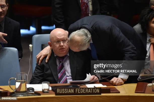 Russian Ambassador to the United Nations Vassily Nebenzia talks with Permanent Representative of the Syrian Arab Republic to the United Nations,...