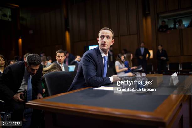 Facebook co-founder, Chairman and CEO Mark Zuckerberg testifies before a combined Senate Judiciary and Commerce committee hearing in the Hart Senate...