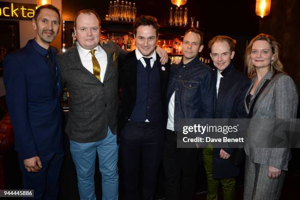 Paul Bazely, Gavin Spokes, Henry Pettigrew, Keir Charles, Greg Haiste and Sarah Woodward attend the press night performance of "Quiz" at the Noel...