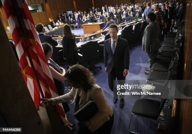 Facebook co-founder, Chairman and CEO Mark Zuckerberg departs after testifying before a combined Senate Judiciary and Commerce committee hearing in...