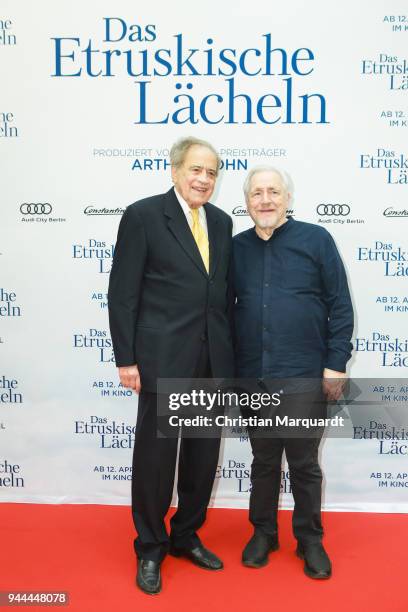 Arthur Cohn and Brian Cox attend the 'Das Etruskische Laecheln' Premiere at Zoo Palast on April 10, 2018 in Berlin, Germany.