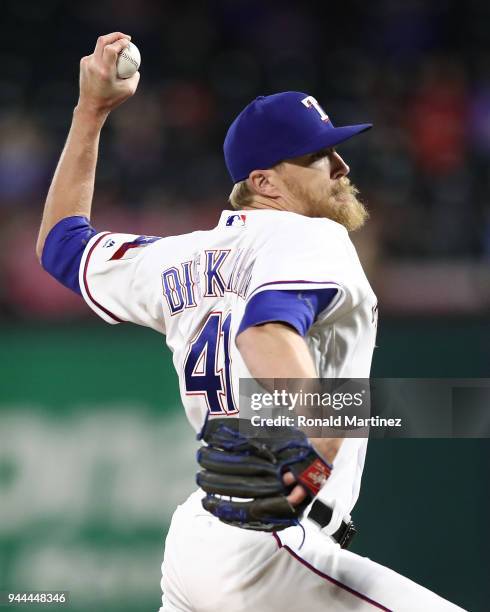 Jake Diekman of the Texas Rangers throws against the Los Angeles Angels at Globe Life Park in Arlington on April 9, 2018 in Arlington, Texas.