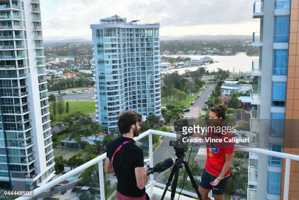 Aimee Willmott of England is seen during media interviews with her Gold medal at team England Headquarters in Main Beach on day six of the Gold Coast...