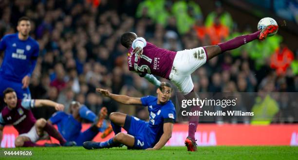 Albert Adomah of Aston Villa during the Sky Bet Championship match between Aston Villa and Cardiff City at Villa Park on April 10, 2018 in...