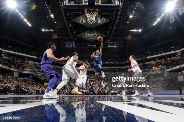 Jeremy Lamb of the Charlotte Hornets shoots the ball during the game against the Indiana Pacers on April 10, 2018 at Bankers Life Fieldhouse in...