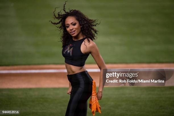The Miami Marlins mermaids perform during the game against the New York Mets at Marlins Park on April 10, 2018 in Miami, Florida.