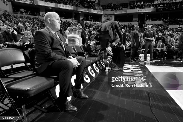 Head Coach Steve Clifford of the Charlotte Hornets looks on during the game against the Indiana Pacers on April 10, 2018 at Bankers Life Fieldhouse...