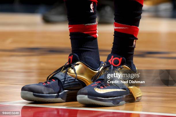Sneakers of Mike Scott of the Washington Wizards during the game against the Boston Celtics on April 10, 2018 at Capital One Arena in Washington, DC....