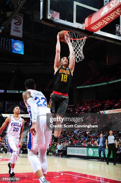 Miles Plumlee of the Atlanta Hawks goes up for a dunk against the Philadelphia 76ers on April 10, 2018 at Philips Arena in Atlanta, Georgia. NOTE TO...