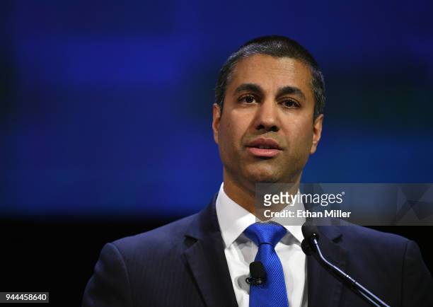Federal Communications Commission Chairman Ajit Pai speaks during NAB show's We are Broadcasters Celebration at the Las Vegas Convention Center on...
