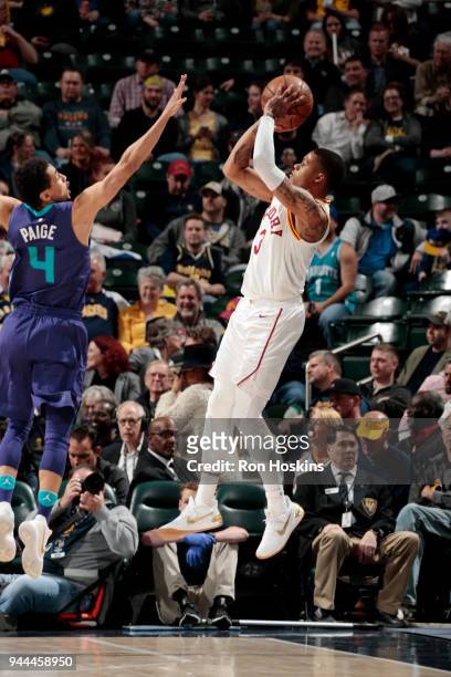 Joe Young of the Indiana Pacers shoots the ball during the game against the Charlotte Hornets on April 10, 2018 at Bankers Life Fieldhouse in...