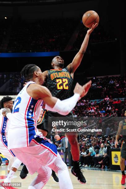 Isaiah Taylor of the Atlanta Hawks goes to the basket against the Philadelphia 76ers on April 10, 2018 at Philips Arena in Atlanta, Georgia. NOTE TO...