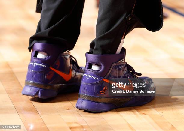 The sneakers worn by Devin Booker of the Phoenix Suns are seen during the game against the Dallas Mavericks on April 10, 2018 at the American...