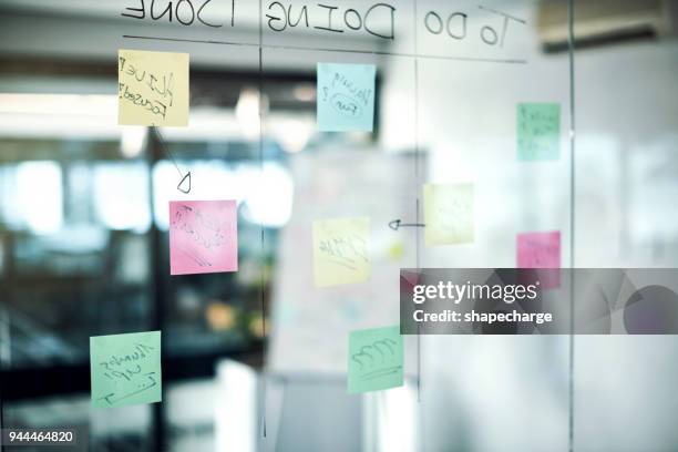 wo passiert, brainstorming-brillanz - klebezettel stock-fotos und bilder