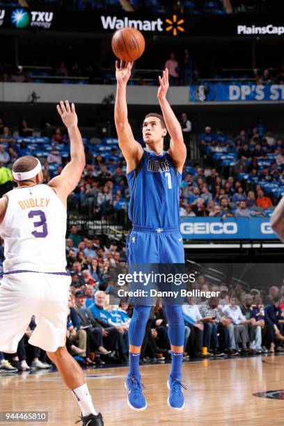 Dwight Powell of the Dallas Mavericks shoots the ball during the game against the Phoenix Suns on April 10, 2018 at the American Airlines Center in...