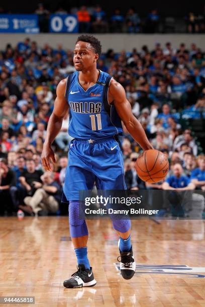 Yogi Ferrell of the Dallas Mavericks handles the ball during the game against the Phoenix Suns on April 10, 2018 at the American Airlines Center in...