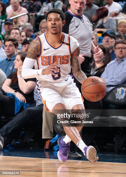Tyler Ulis of the Phoenix Suns handles the ball during the game against the Dallas Mavericks on April 10, 2018 at the American Airlines Center in...