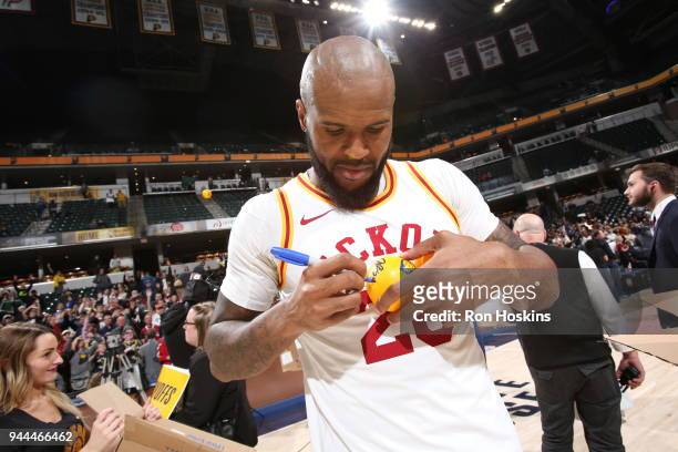 Trevor Booker signs autographs for fans after the game against the Charlotte Hornets on April 10, 2018 at Bankers Life Fieldhouse in Indianapolis,...