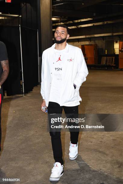 Tyler Ennis of the Los Angeles Lakers arrives at the arena before the game against the Houston Rockets on April 10, 2017 at STAPLES Center in Los...