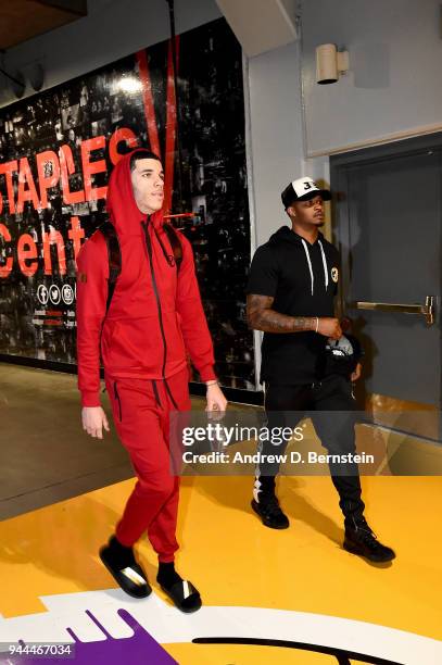 Kentavious Caldwell-Pope of the Los Angeles Lakers arrives at the arena before the game against the Houston Rockets on April 10, 2017 at STAPLES...