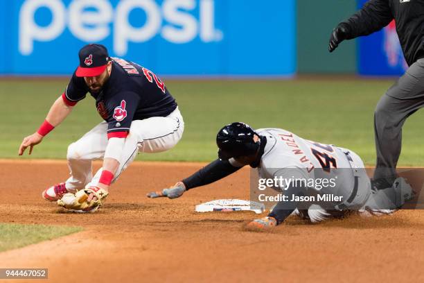 Second baseman Jason Kipnis of the Cleveland Indians tries to make the tag on Jeimer Candelario of the Detroit Tigers on an RBI double during the...