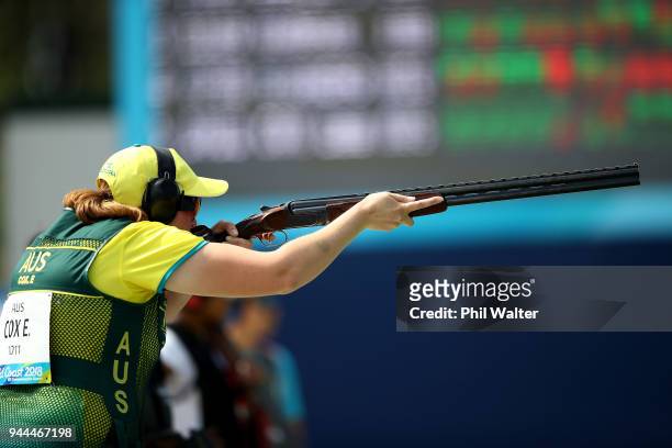 Emma Cox of Australia competes during the Women's Double Trap on day seven of the Gold Coast 2018 Commonwealth Games at Belmont Shooting Centre on...