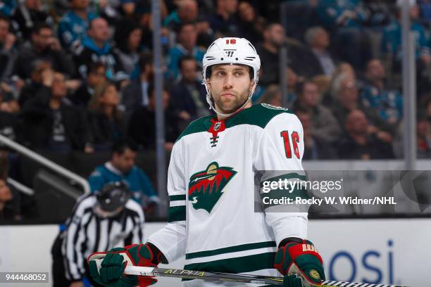 Jason Zucker of the Minnesota Wild looks on during the game against the San Jose Sharks at SAP Center on April 7, 2018 in San Jose, California. Jason...