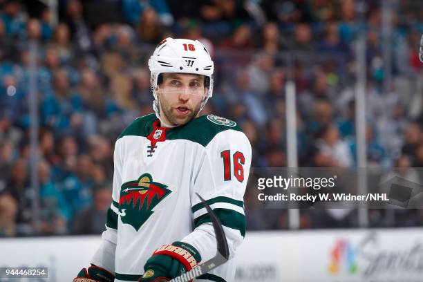 Jason Zucker of the Minnesota Wild looks on during the game against the San Jose Sharks at SAP Center on April 7, 2018 in San Jose, California.