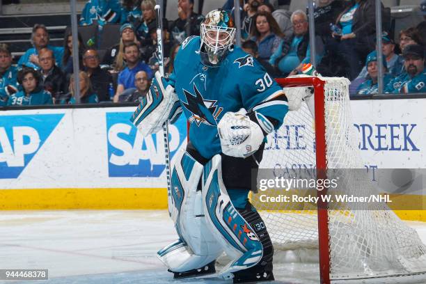 Aaron Dell of the San Jose Sharks defends the net against the Minnesota Wild at SAP Center on April 7, 2018 in San Jose, California. Aaron Dell