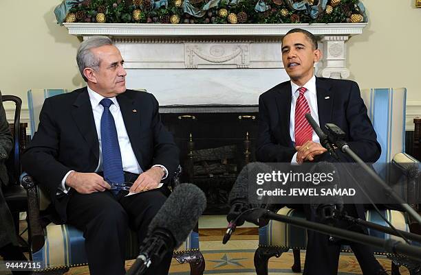 President Barack Obama speaks during a meeting with President Michel Sleiman of Lebanon in the Oval office at the White House in Washington, DC, on...