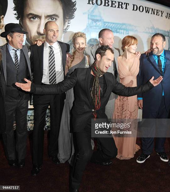 Robert Downey Jr, Mark Strong, Rachel McAdams, Guy Ritchie, Kelly Reilly, Joel Silver and Jude Law attend the World Premiere of 'Sherlock Holmes' at...