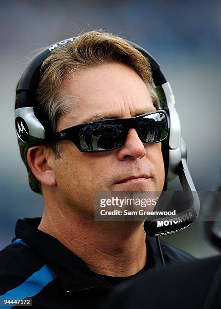 Head coach Jack Del Rio of the Jacksonville Jaguars watches the play during the game against the Houston Texans at Jacksonville Municipal Stadium on...