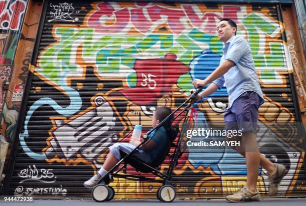 This picture taken on March 30, 2018 shows a man and child walking past street art painted over the shutters of a shop in Taipei's Ximen district. /...