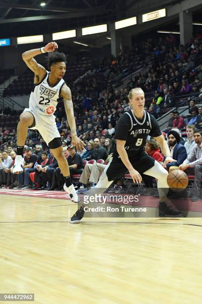 Jeff Ledbetter of the Austin Spurs handles the ball during the game against Malachi Richardson of the Raptors 905 during Round Two of the NBA...