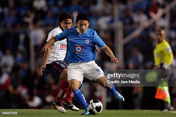 Cruz Azul player Cesar Villaluz conducts the ball dduring the final match against Monterrey valid for the 2009 Apertura tournament, the closing stage...