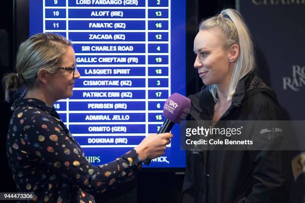Single Gaze' jockey, Kathy O'Hara talks to the media about pulling the outside lane for the during The Championships Day 2 Barrier Draw at Royal...