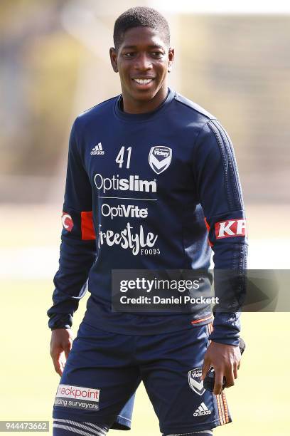 Leroy George of the Victory reacts during a Melbourne Victory A-League training session at Gosch's Paddock on April 11, 2018 in Melbourne, Australia.