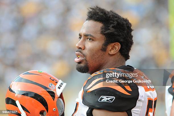 Linebacker Dhani Jones of the Cincinnati Bengals looks on from the sideline during a game against the Pittsburgh Steelers at Heinz Field on November...