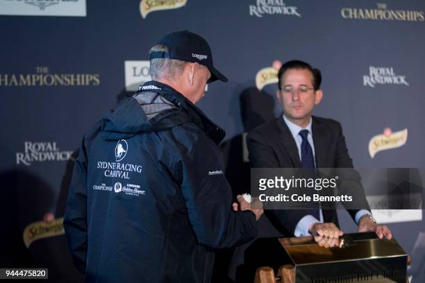 Part owner of Winx, Peter Tighe draws the outside barrier during The Championships Day 2 Barrier Draw at Royal Randwick Racecourse on April 10, 2018...