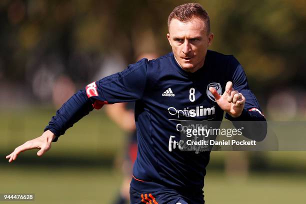 Besart Berisha of the Victory in action during a Melbourne Victory A-League training session at Gosch's Paddock on April 11, 2018 in Melbourne,...